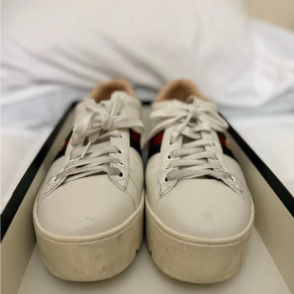 Gucci Calfskin Web Bee Embroidered Womens Ace Platform Sneakers 39 White - Picture 5 of 7
